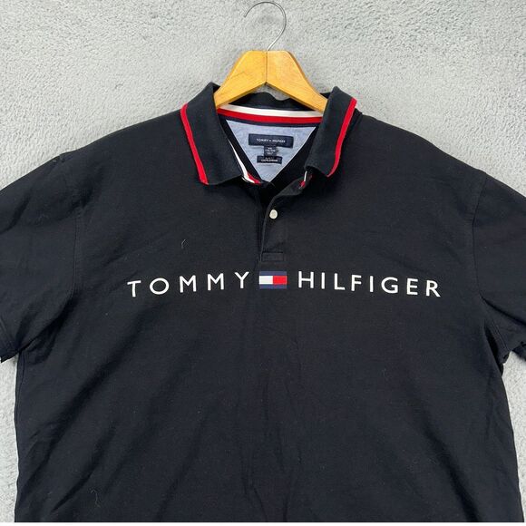 Tommy Hilfiger Polo Shirt Adult 2XL Black Graphic Print Slim Fit Logo Rugby Mens